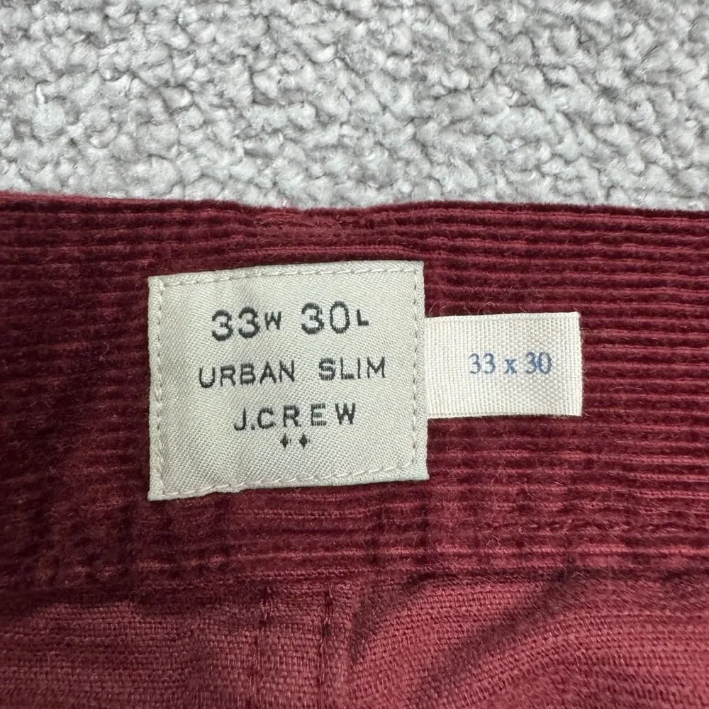 J.Crew Urban Slim Fit Corduroy Pants Mens 33x30 Maroon Red Cotton Flat Front